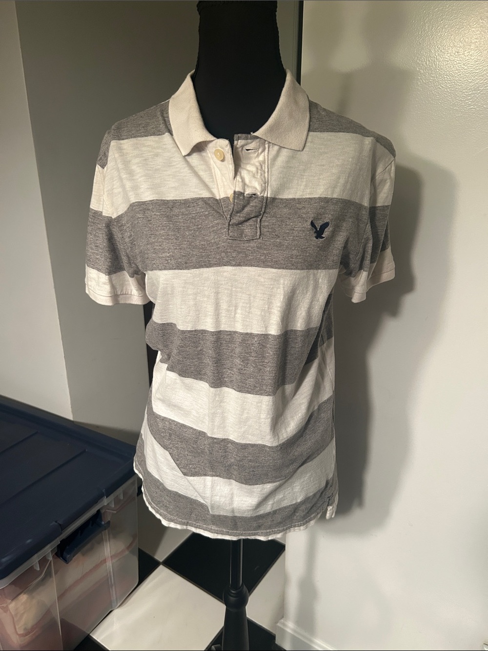 VINTAGE American Eagle Outfitters Gray and White Striped Polo